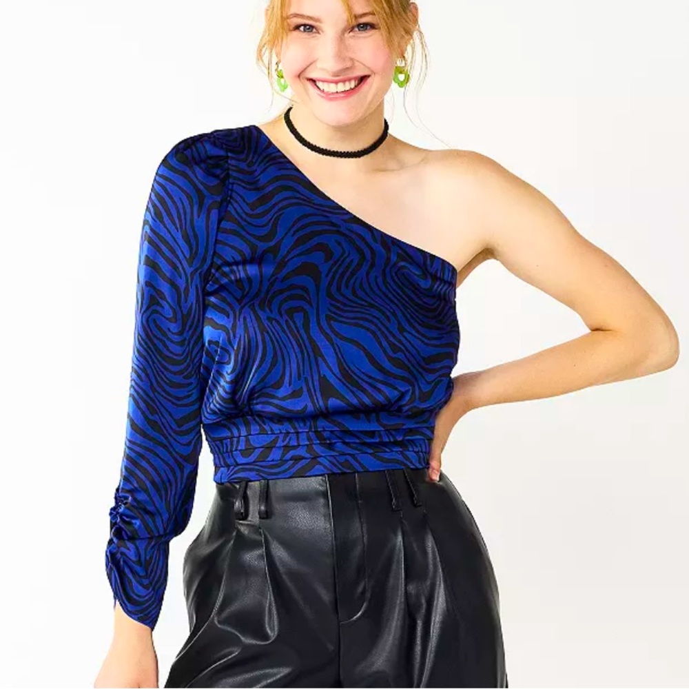 SO One Shoulder Zebra Print Asymmetrical Cropped Top Medium Blue Black Stripe